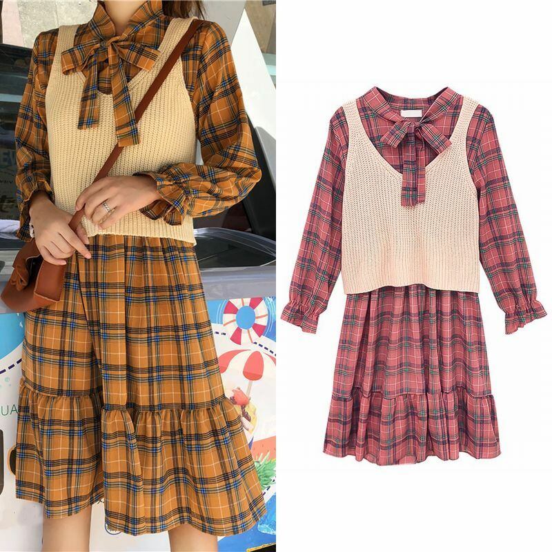 レディース セットアップ ワンピース ニットベスト チェック柄 ボウタイ ミディアム丈 二点セット レトロ 大人カジュアル 韓国 韓国ファッション Knitted Vest Two Piece Retro Plaid Dress Dtc Value Rave Notice バリューレイヴノーティス 韓国