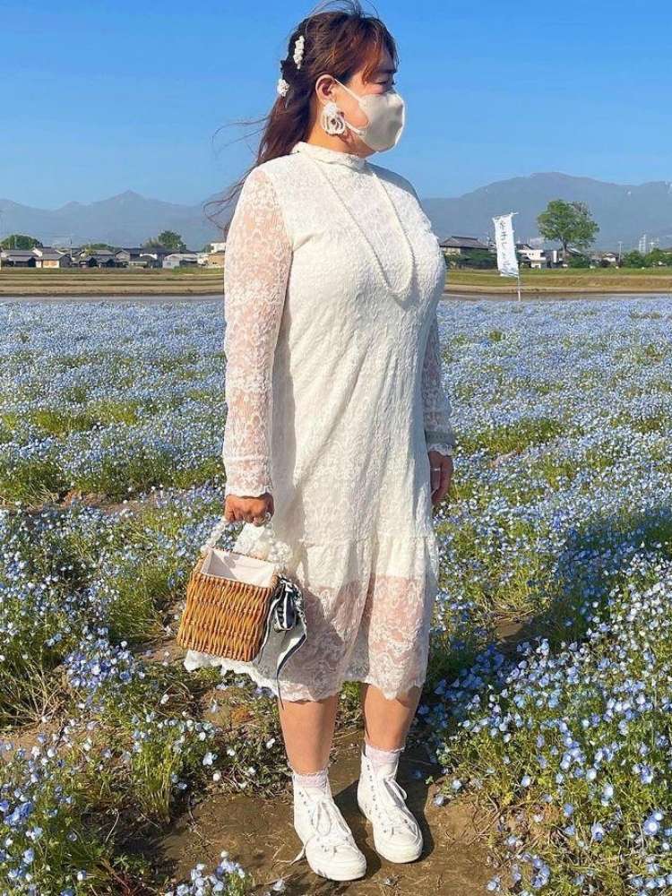 フリルヘムワンピース 総レース 大人可愛いコーデ フェミニン きれいめ レイヤード 重ね着 花柄 大きいサイズ 韓国 CH8180