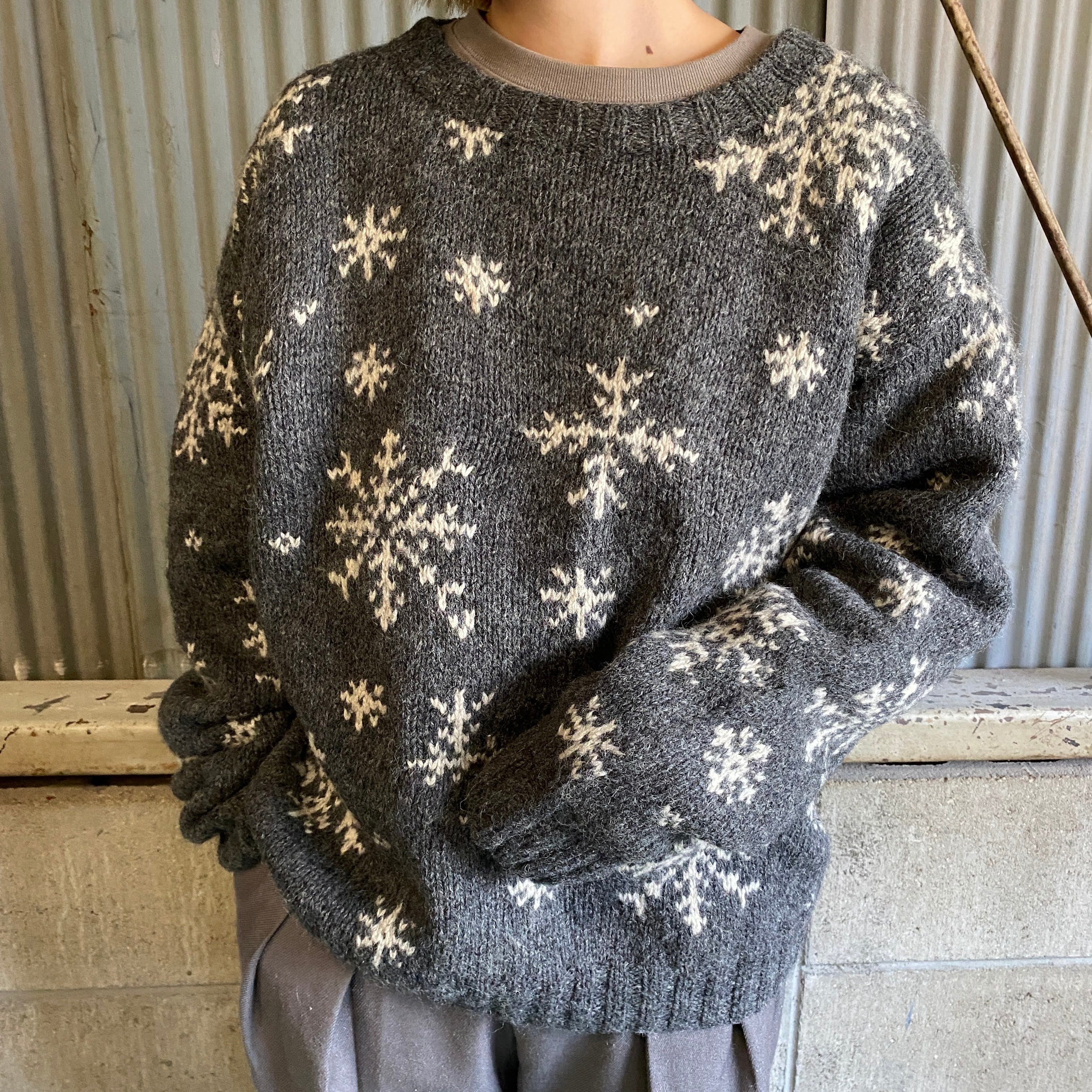 KETTLE CREEK 雪柄 総柄 クルーネック ウールニットセーター メンズM 