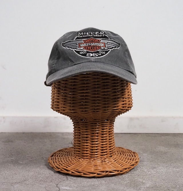 98's HARLEY DAVIDSON×MILLER BEER Embroidred Cap "BIG BIKES BIG BEER BIG PARTY" Leather Strapback CSE 台湾製  6パネル キャップ