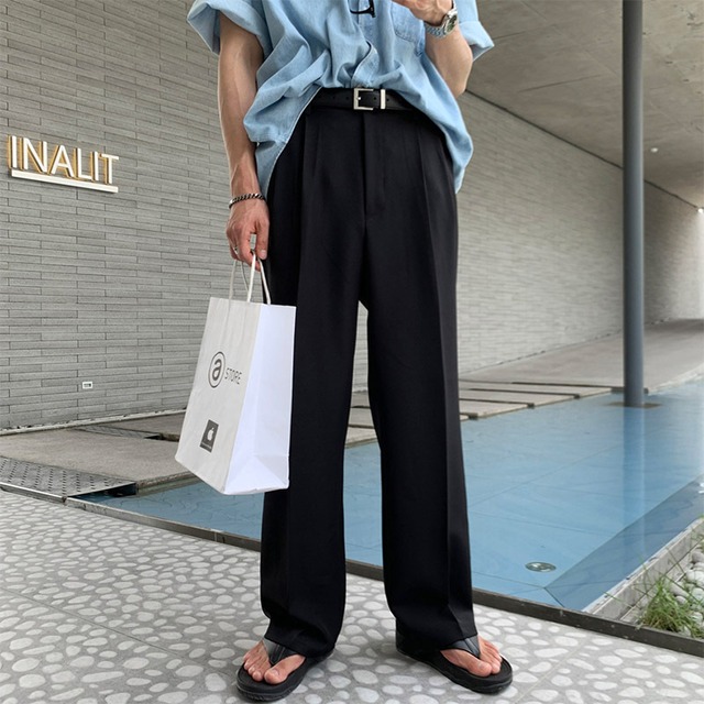 夏のカジュアルパンツメンズスモールパンツストレートロングパンツメンズ香港ファッションブランドレトロワイルドルーズワイドレッグパンツ サマー 夏物 Bluu Bluu