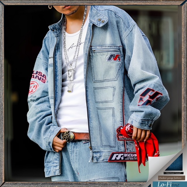 レーシングスタンドカラー ジップアップ刺繍 デニムジャケット 30519