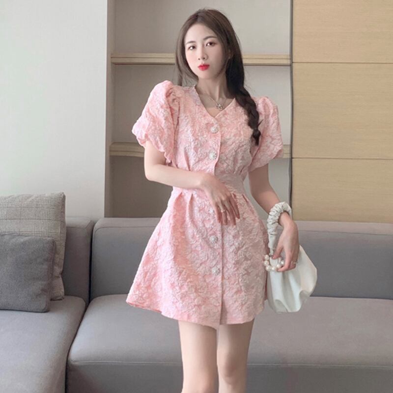 スリーブドレス サマースカート ピンク 大人ガーリー スウィート キュート カジュアル 夏物 ハンチェンe81054865072