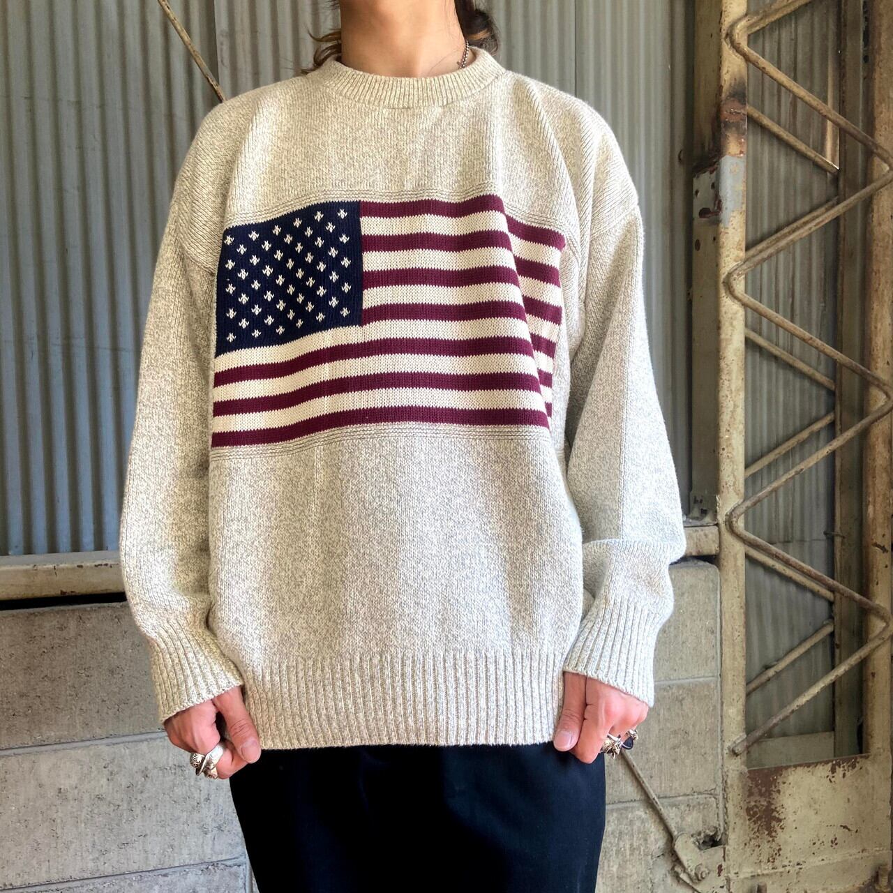ROUNDTREE&YORKE 星条旗柄 コットンニットセーター USA製 メンズXL /eaa368226
