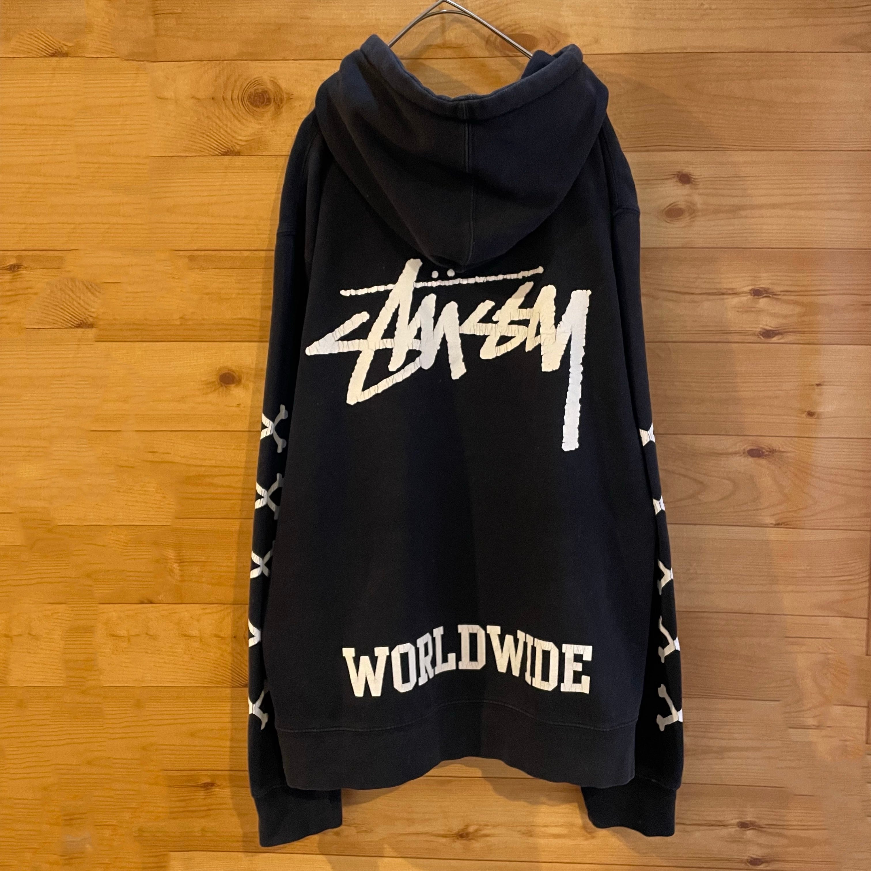 【美品】stussy スカルプリント スウェット クロスロゴ ブラック XL