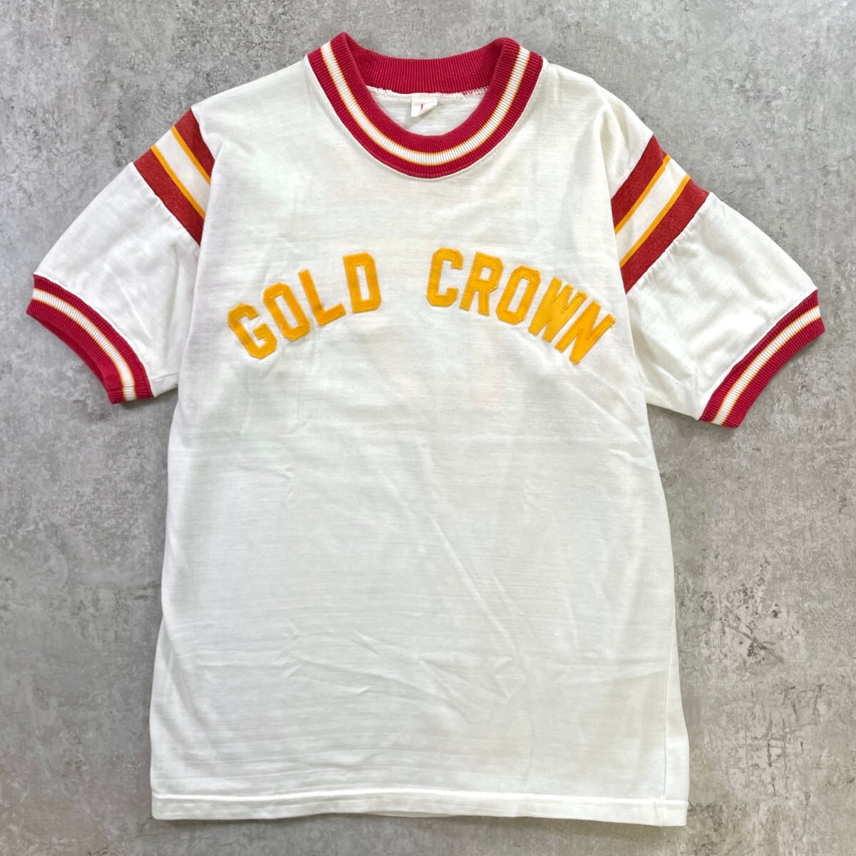古着 ビンテージ 70s ゴールド トップス Tシャツ シワ加工 美品 70年-80年代 GOLD CROWN リンガーTシャツ メンズL 古着 ヴィンテージ