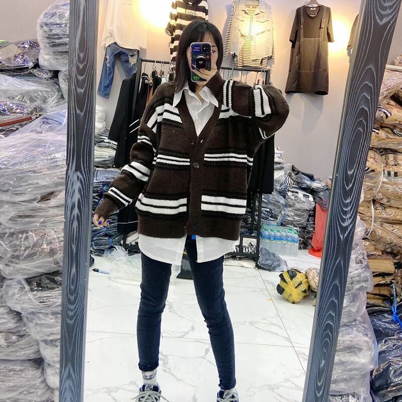 プラスサイズレディースストライプニットカーディガンレディース長袖2020秋新作ファットmmルーズセーターファッショントレンド ミックスインファッション4108514202