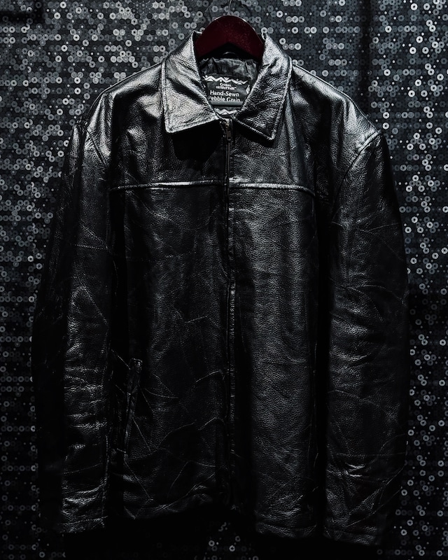【ÆIEM】Vintage heavy black real leather stitch work design jacket