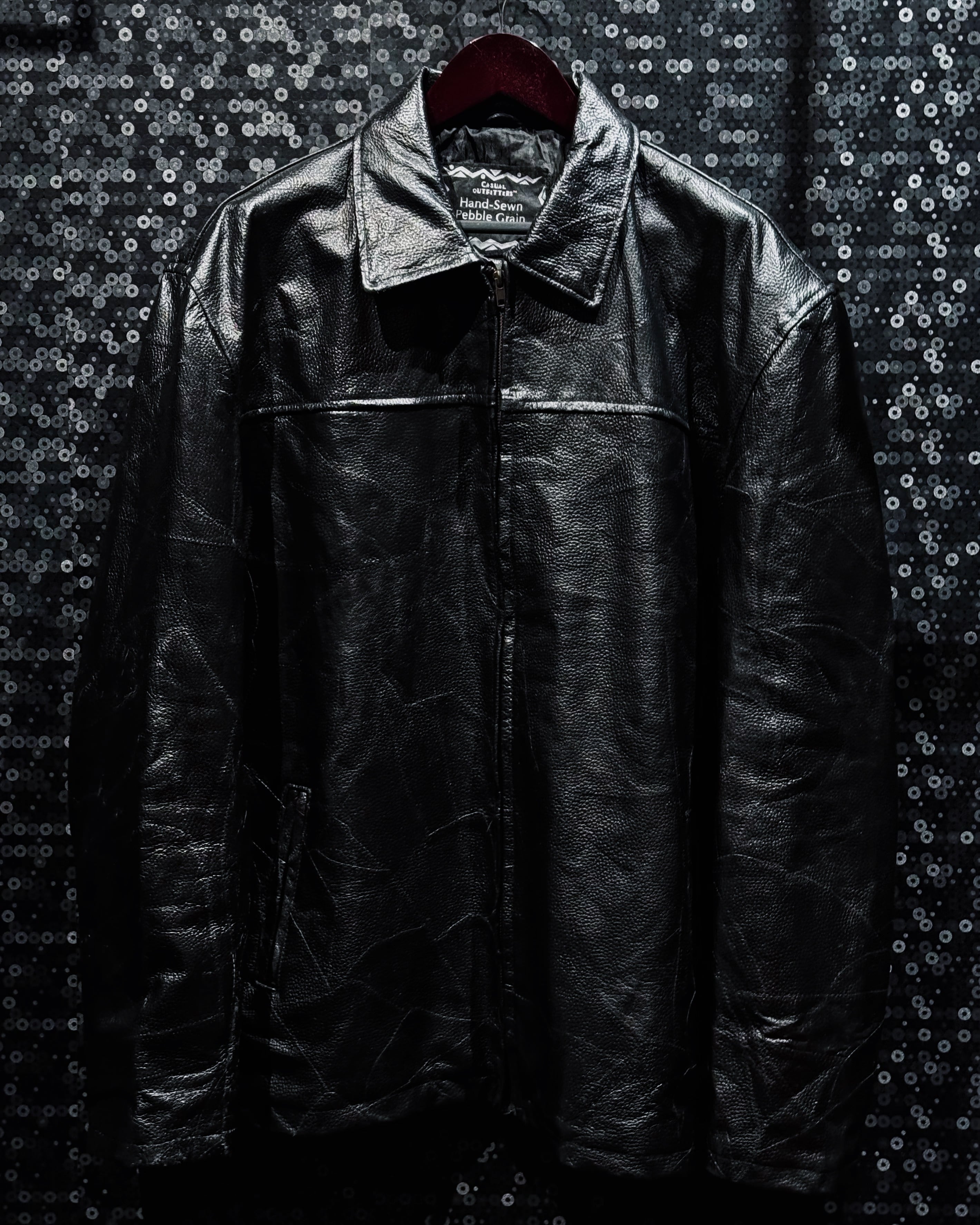【ÆIEM】Vintage heavy black real leather stitch work design jacket