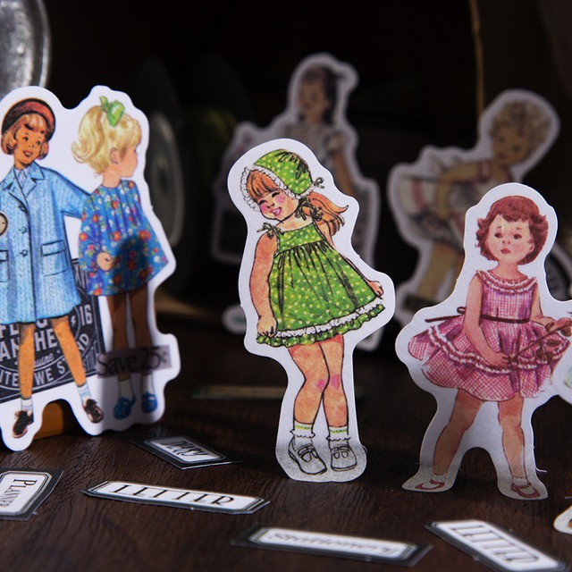 ヴィンテージ風少女のファッション箱入り和紙シールセット　50枚入り　童心乐园（Childhood paradise）シリーズ【美好的一天(have a good day)】[HG-17s]