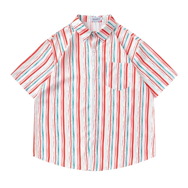 【UNISEX】STRIPED RELAXED SHORT SLEEVE HAWAIIAN SHIRT M-17828