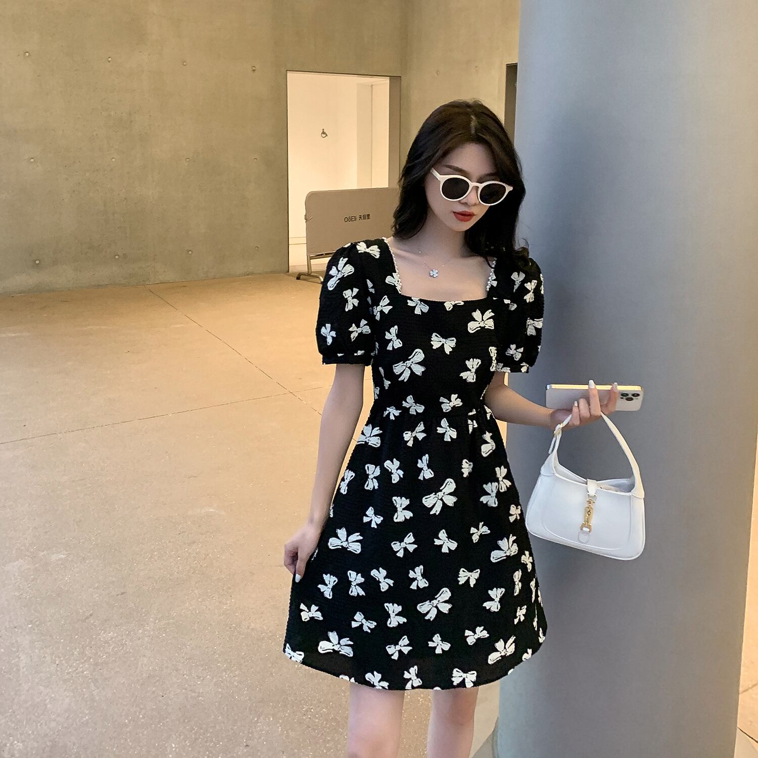 スタンダードリボンプリント柄ドレス レトロ スクウェア 6Du_Shop_Women46828095866