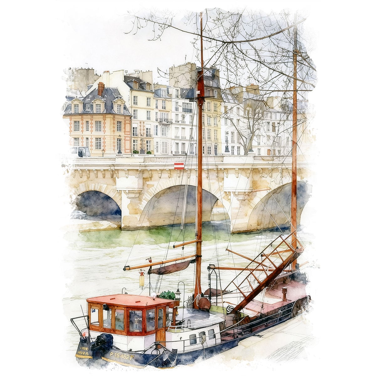 絵画 風景画(街並み) フランス パリ シテ島 インテリアアート額付き 水彩画・油絵風 WAT1047