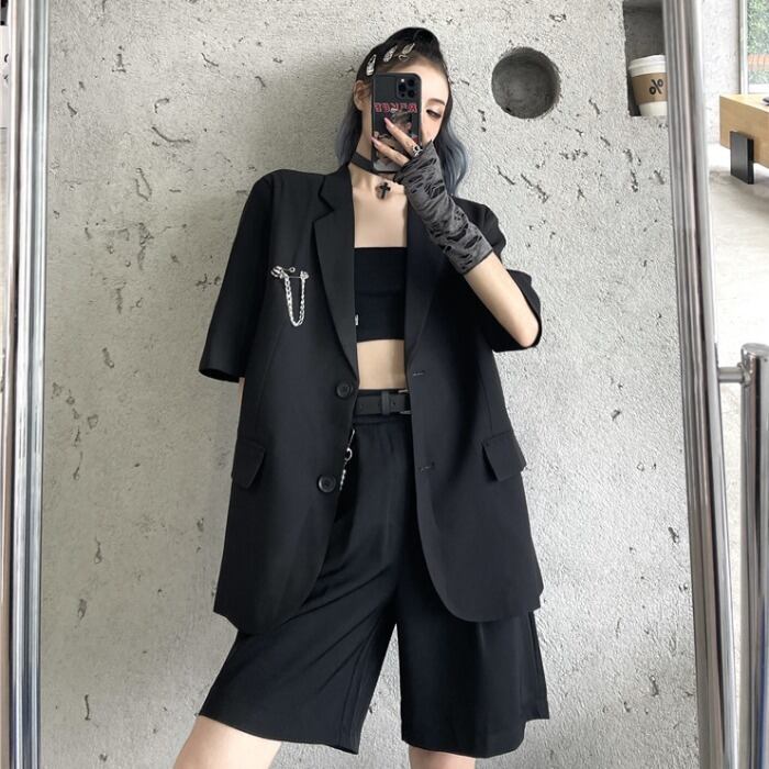 薄手ルーズブラックジャケット パンツ ケッペル9959406347