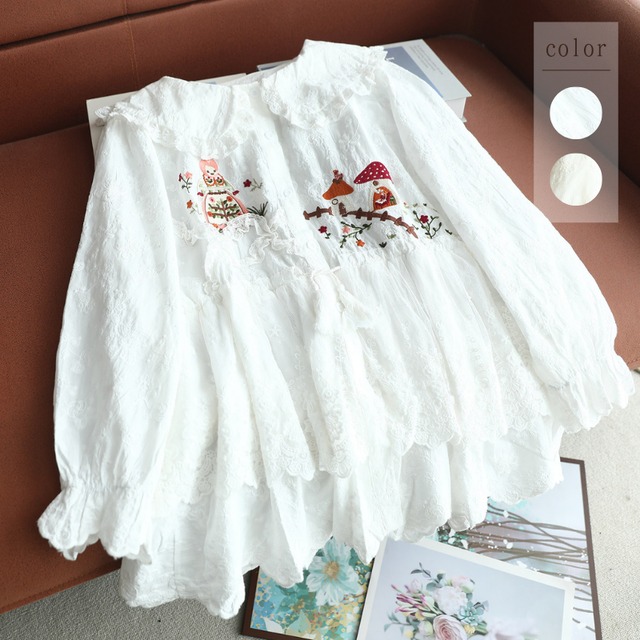 きのこお花刺繍タッセル紐レースブラウス W2008