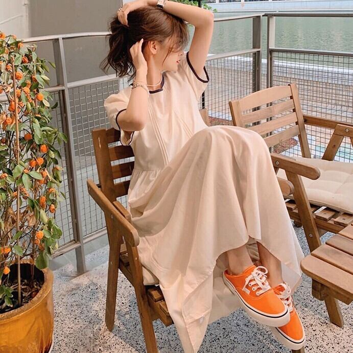 ワンピース レディース ロングワンピース Aライン ラウンドネック 半袖 ロング ロング丈 かわいい 大人可愛い きれいめ 上品 清楚 フェミニン おしゃれ お洒落 お嬢様 おとな ナチュラル ラブリー キュート ガーリー リラックス レトロ ロマンチック 抜け感 存在感 ルーズ 無地 バイカラー 学生 通学 デート お出かけ 女子会 カフェ巡り 散歩 お買い物 夏 20代 30代 40代 50代 韓国 韓国系 着回し 普段使い 体型カバー ファッション モテ ホワイト 白 S M L XL 送料無料