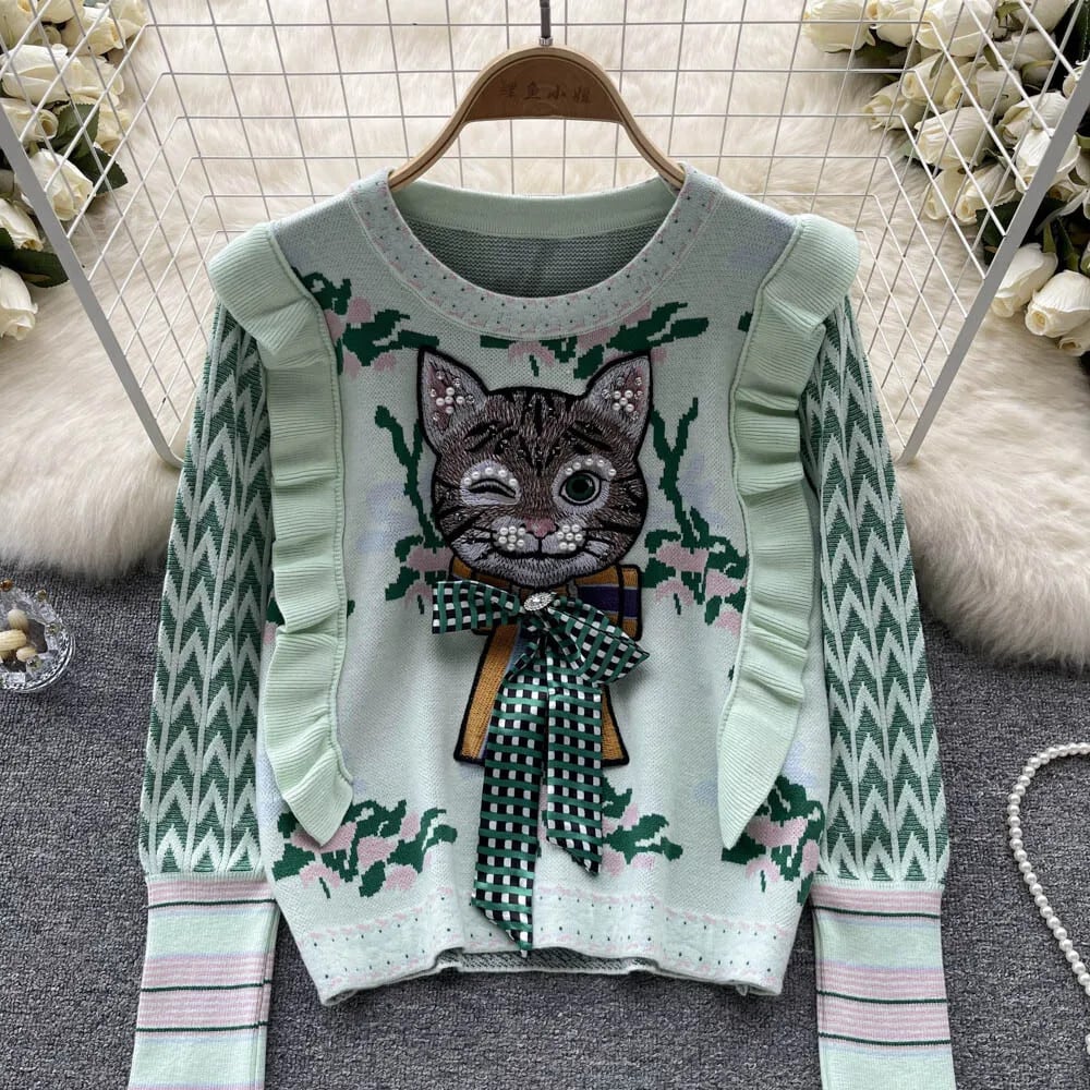 ピンク原宿ダイヤモンドビーズ猫弓刺繍セーターフリルフラワー ピンク原宿ダイヤモンドビーズ猫弓刺繍セーターフリルフラワー