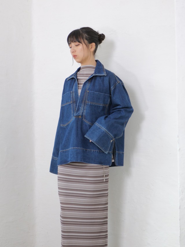 FOURAM - DENIM SKIPPER SHIRT：INDIGO｜デニム／スキッパーネック／オーバーシルエット／ワイドスリーブ／コットン100%