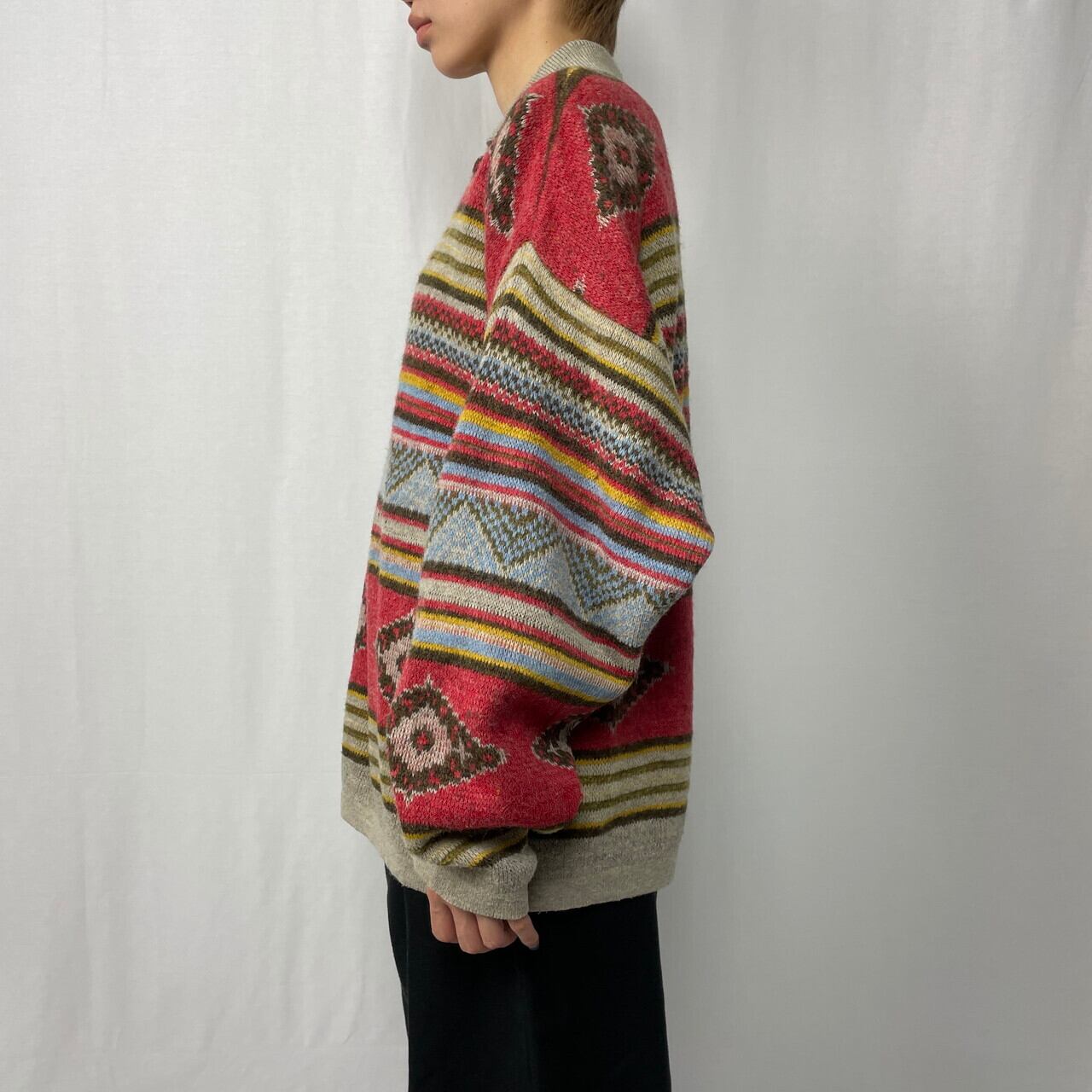 90年代 イタリア製 Indian Ropeman ネイティブ柄 ウール×アクリル ニットポロセーター メンズXL相当 古着 90s