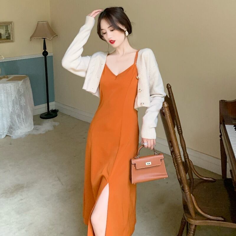 オータム薄手Vネックスカート セーター カーディガン 秋物 ハンチェンe32061146592