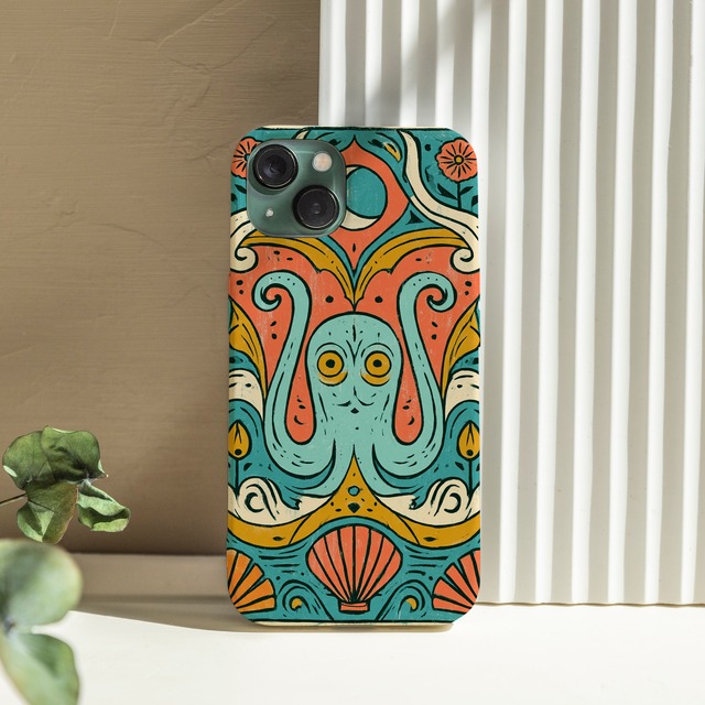 受注生産 iPhoneケース きのこと花のサイケ民芸柄｜植物モチーフ PSYF007D