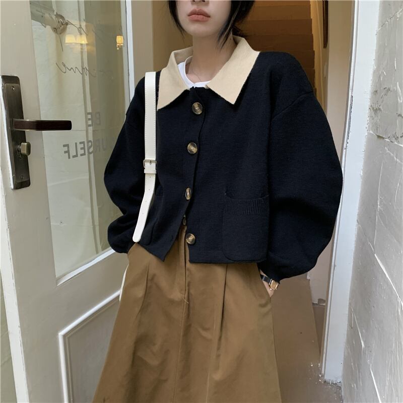 ブラックスタイルカーディガンセーター オータムショートルーズニットトップス ロング 秋物 モンロー44655914061