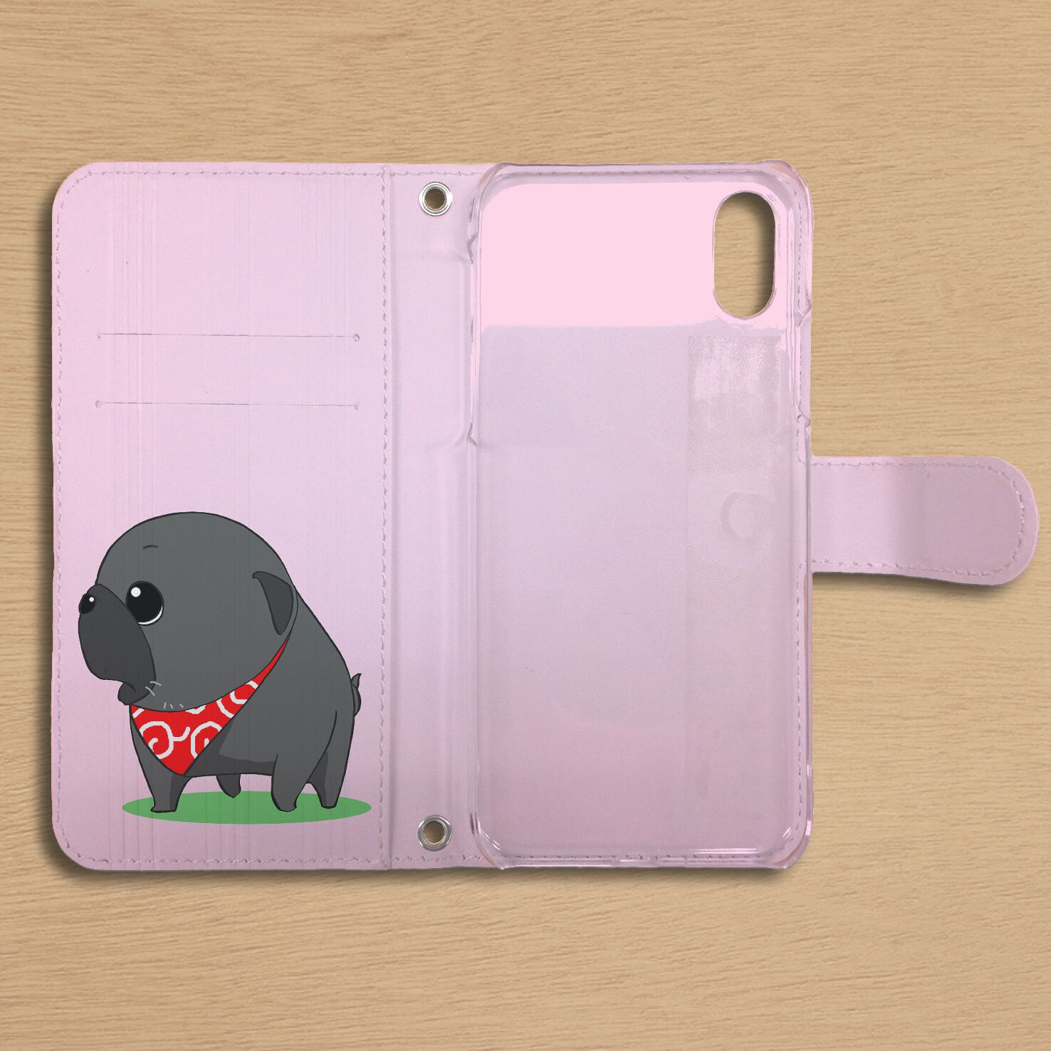 スタンド付き 両面印刷 手帳型 iphone/Androidケース かわいいパグ②　黒パグ