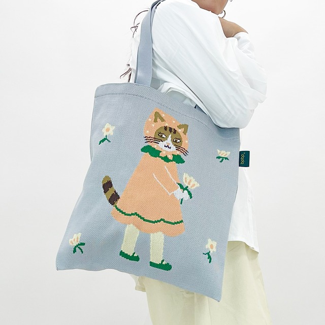 【Aiko Fukawa】布川愛子 KNIT TOTE BAG  お花を運ぶ猫 ニットトートバッグ
