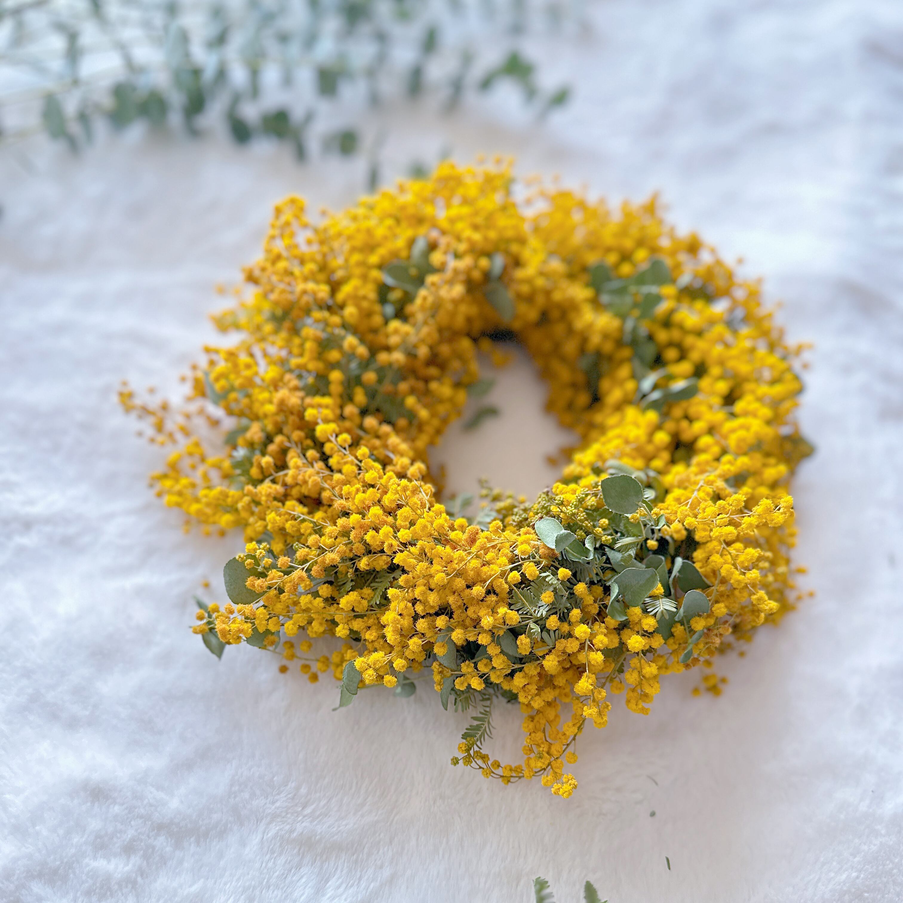 真珠葉アカシアと丸いお花のナチュラルリース