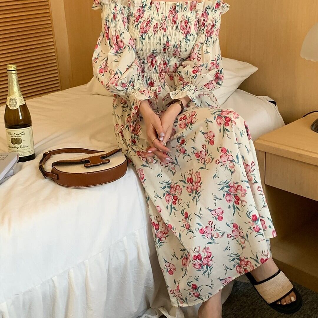 レトロ おしゃれ 花びら ボートネック ワンピース オフショルダー