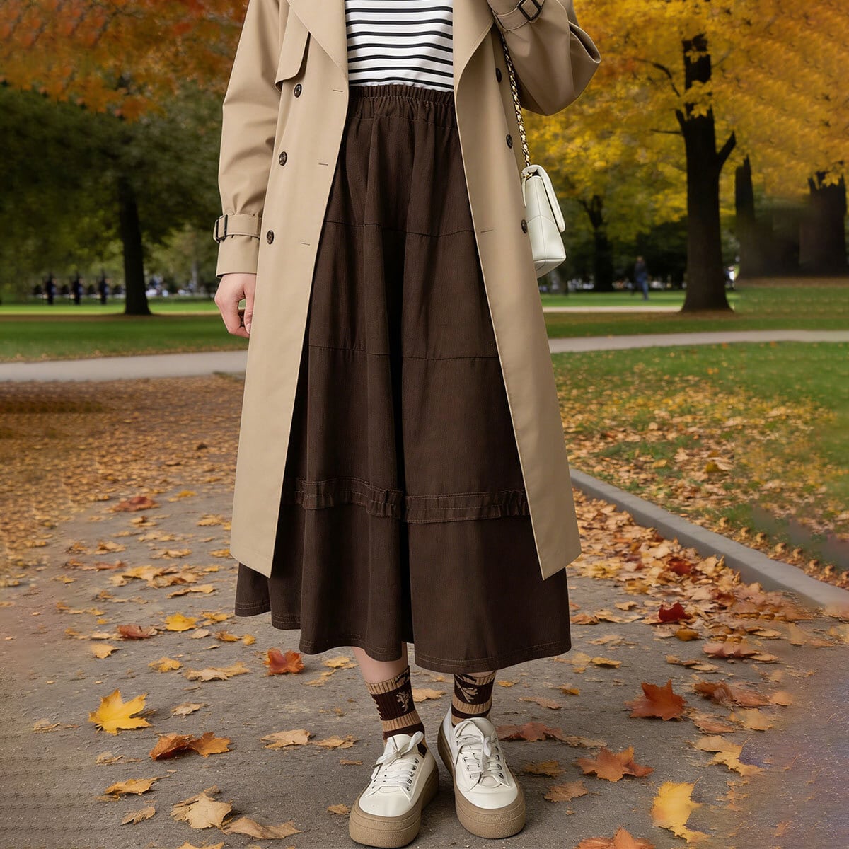 ティアード スカート コーデュロイ Aライン レディース 春秋冬 韓国 ロングスカート きれいめ 大人 かわいい おしゃれ シンプル ハイウエスト ミモレ丈 ウエストゴム 大人可愛い 大人女子