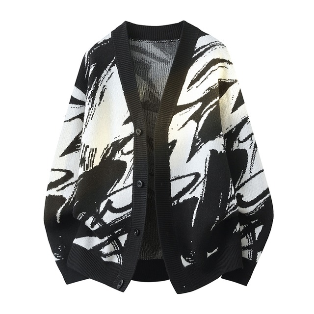 【CHJシリーズ】★チャイナ風トップス★ 2color セーター 水墨柄 ニットトップス ニットジャケット 男女兼用 メンズ Vネック