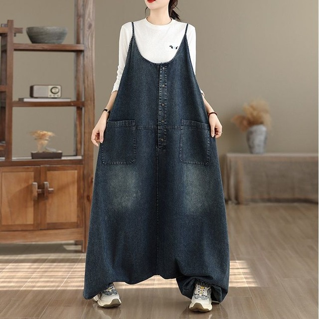 FADED RELAXED DENIM OVERALLS WITH DROP CROTCH M-17921