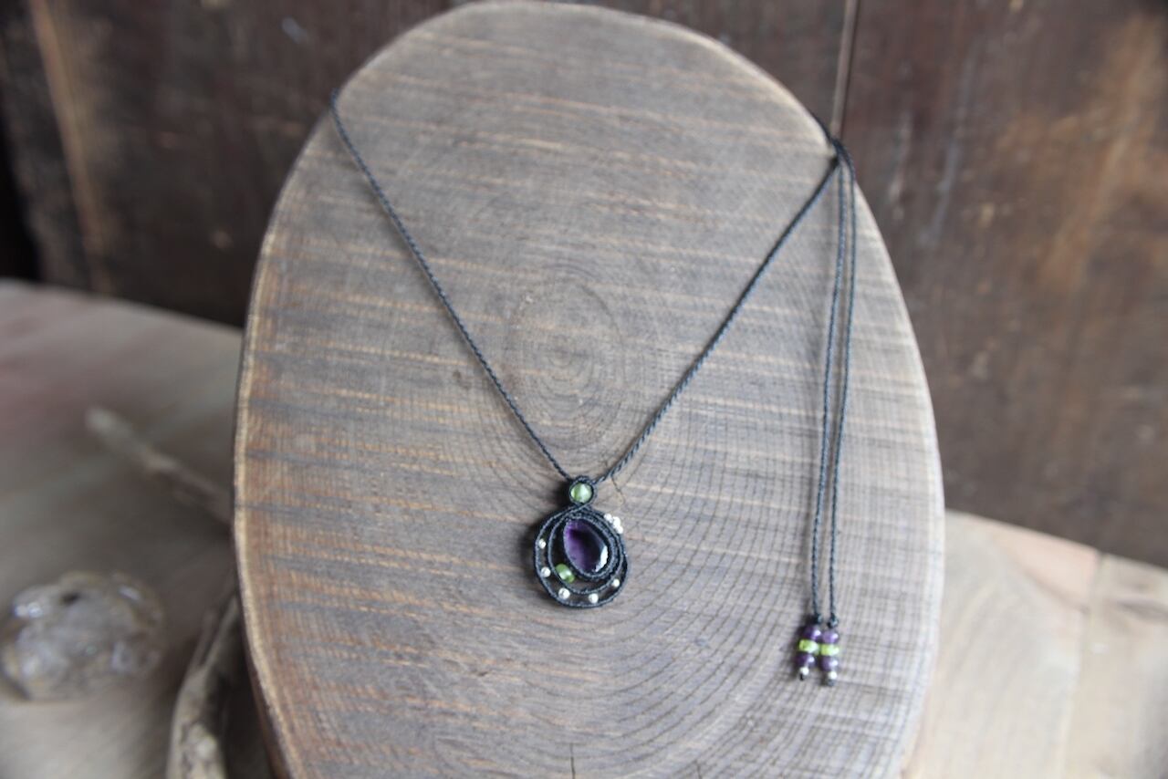 Trapiche amethyst micromacrame moon pendant