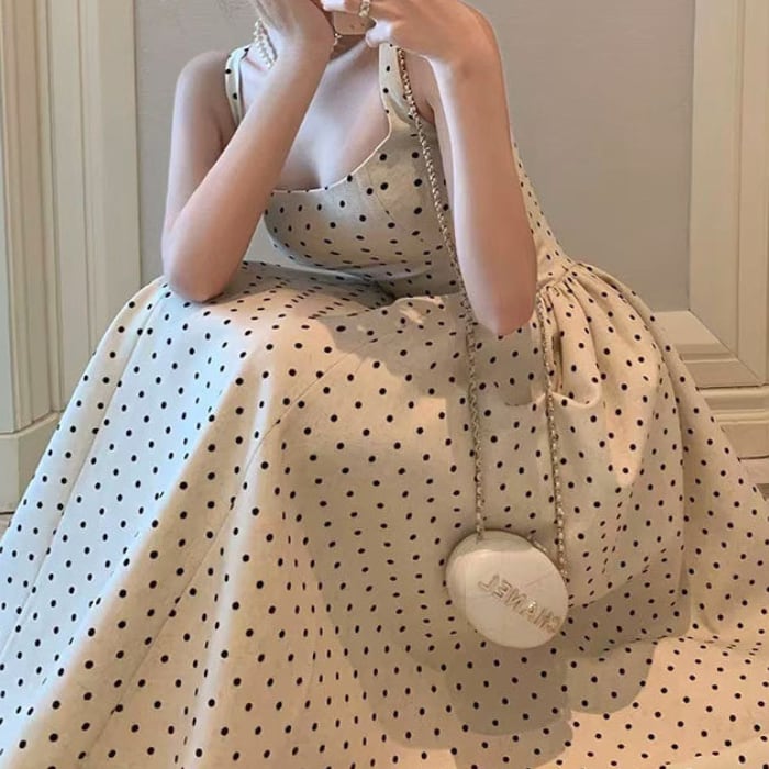 ドット柄 スクエアネック Aラインロングワンピース 3412916