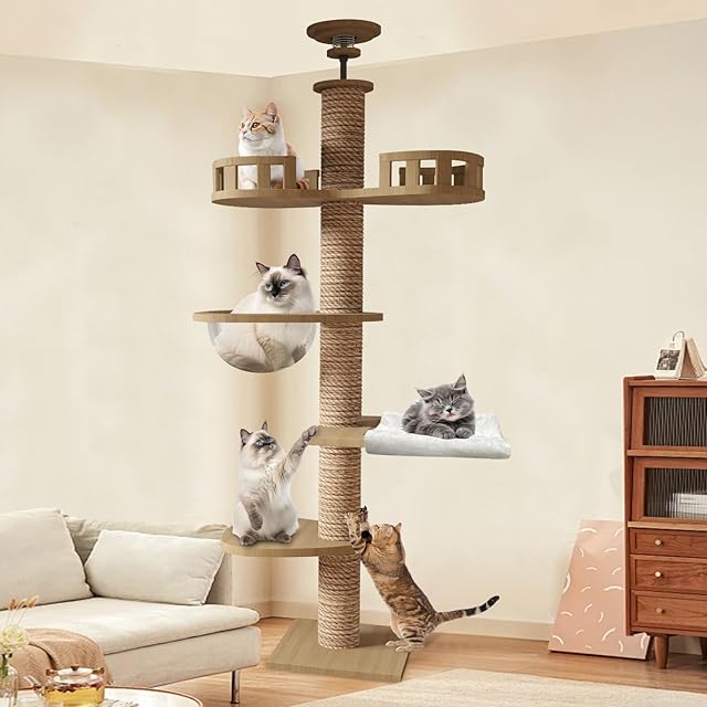 在庫処分】CozyMeow キャットタワー 突っ張り 木製 キャットツリー 木