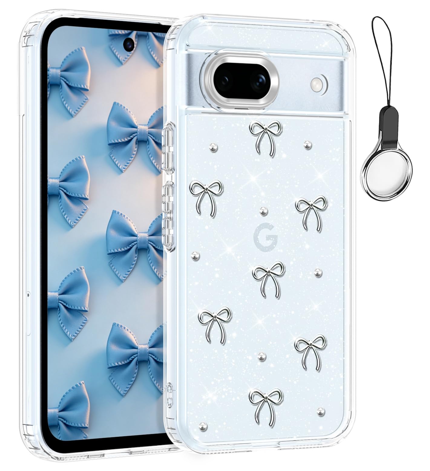 Google Pixel 7A 用 ケース クリア シルバー ミニリボン おしゃれ 韓国 透明 可愛い 滑り止め 耐衝撃 スマホケース 立体 りぼん装飾 女性用 女子向け きらきら グーグル ピクセル 7A ケース 対応(ぐーくるぴくせる7A, シルバー)