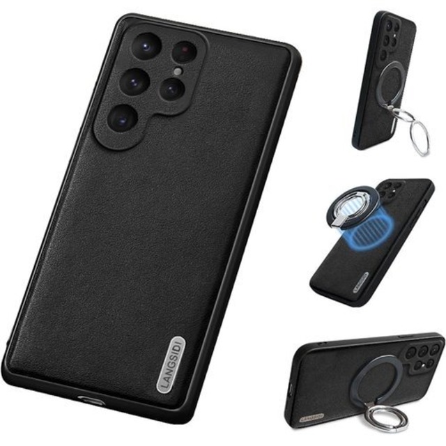 Madoats 磁気吸着対応・リング付き Samsung Galaxy S24 Ultra 対応 ケース 本革 カバー レザー スマホケース 耐衝撃 傷防止 マグネチック充電器対応 磁気内蔵 グリップリング スタンド機能付き 指紋防止 滑り止め 豪華 ファッション オシャレ ブラック 2756