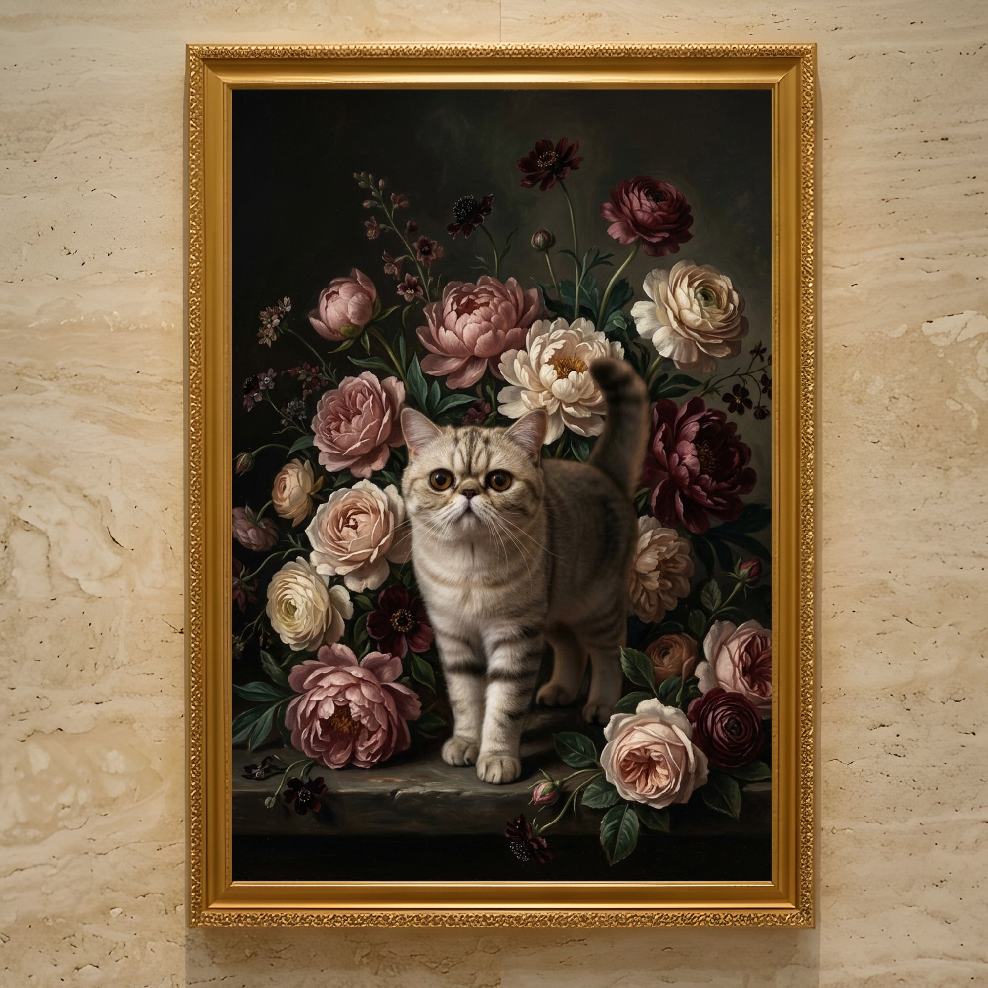 ​希少 田中坦三「猫」直筆 色紙画 額装付き 壁掛け 骨董 アート アンティーク 猫（エキゾチックショートヘア）の花の油絵風アート A3額装インテリア