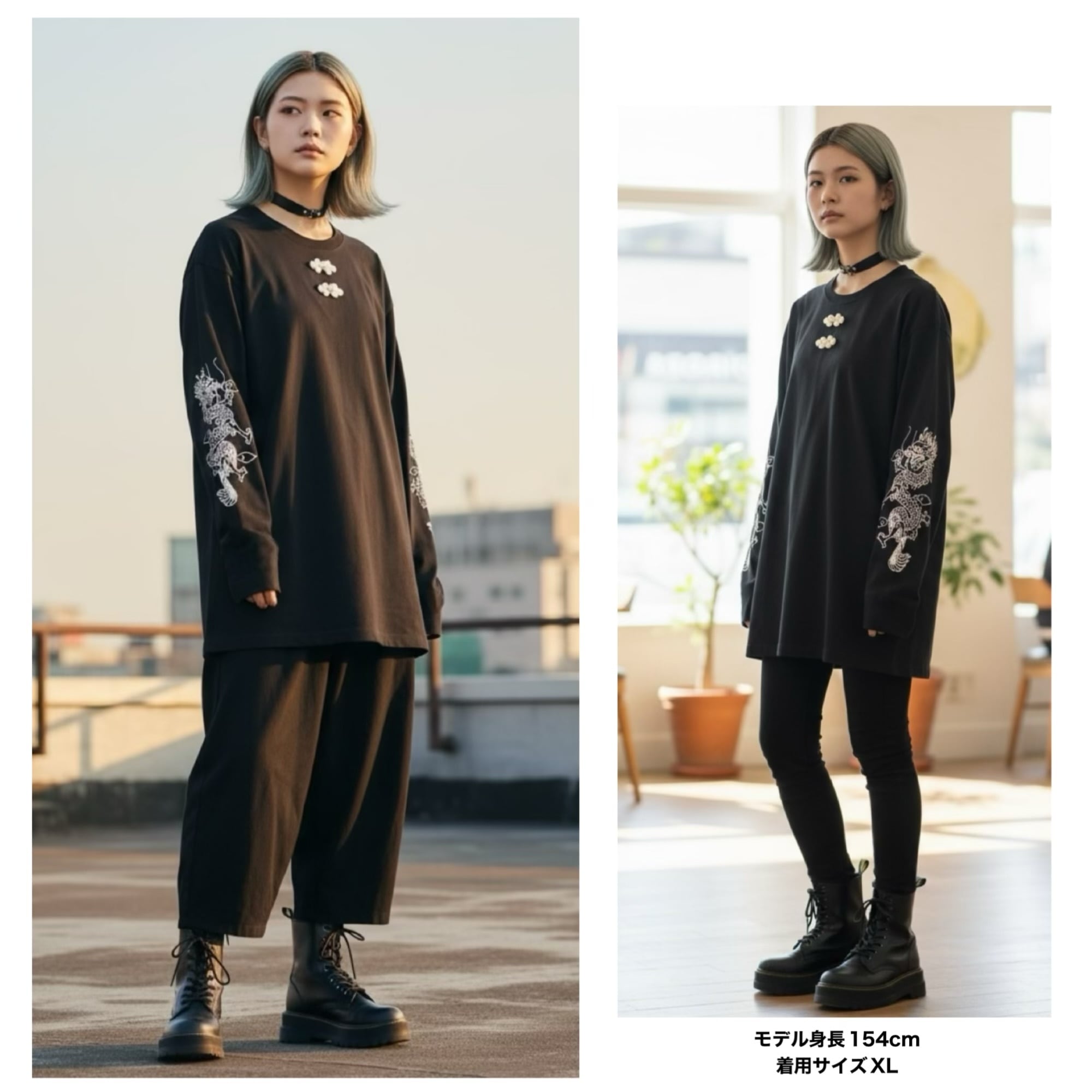 ロングTシャツ ロンT 長T チャイナ 龍 中華 dragon 黒 メンズ