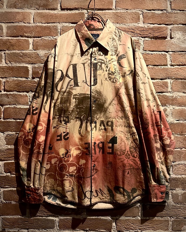 【Caka act3】Gradation Color Lettering × Botanical Design Vintage Loose L/S Shirt