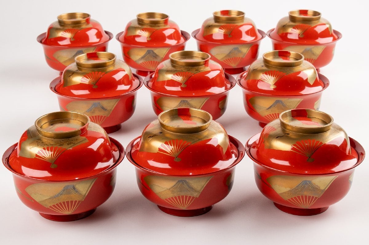 ほぼ未使用 茶道具 天然木製 信玄二段弁当 5客 瓢箪形 蒔絵 柿合塗