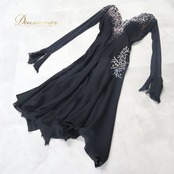 社交ダンス 衣装 Dance fashion design room ドレス ワンピース ラテン ブラック系 黒 レース デモ 競技 ダンス パーティ 発表会 軽い 薄い 長袖 上品 高級感 舞台衣装 エレガント 上品