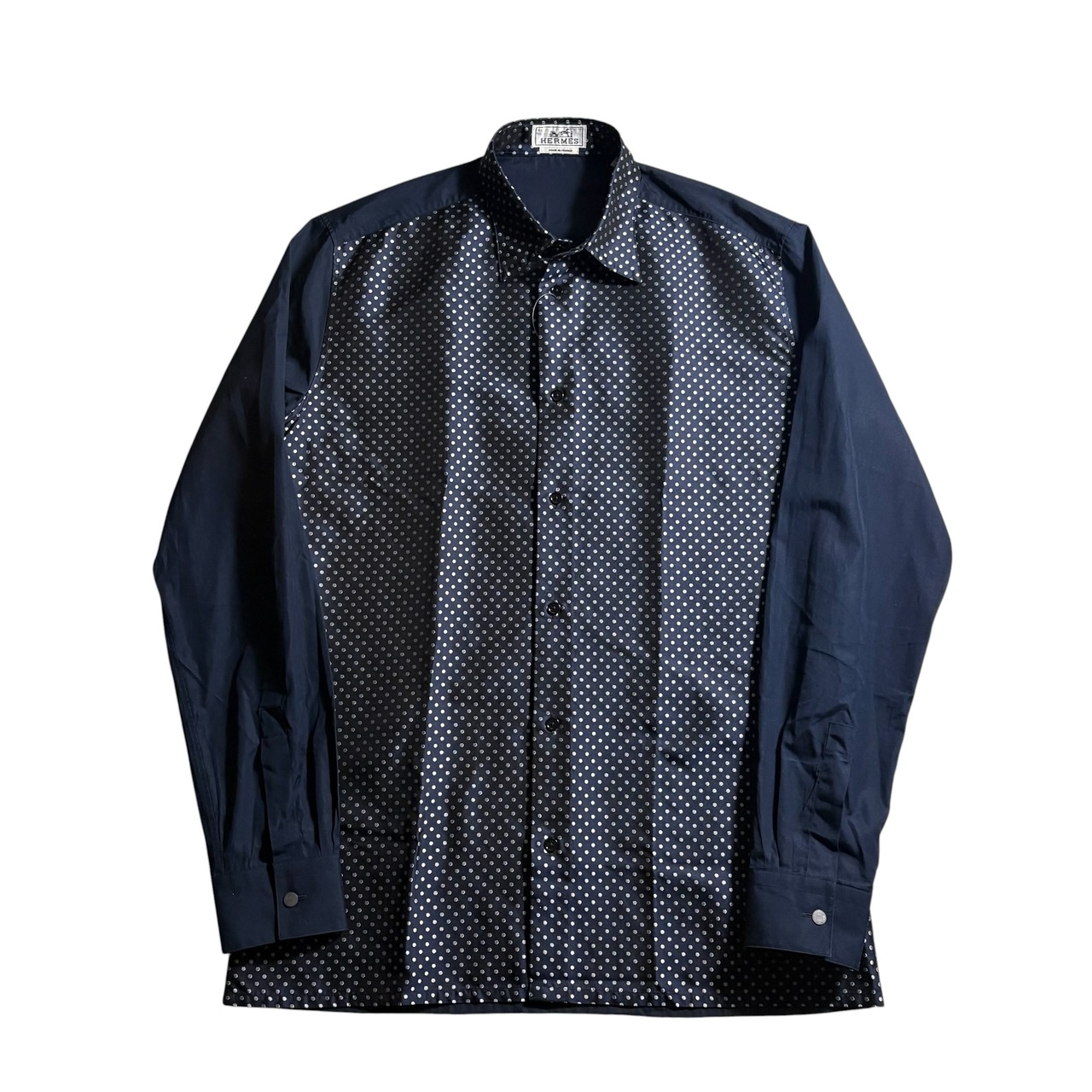 HERMES dot woven silk panel switching dark navy cotton shirt