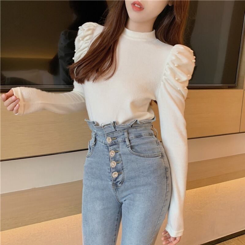 オータムスリーブプルオーバー セーター スリムトップス 秋物 ハンチェンe76775820834