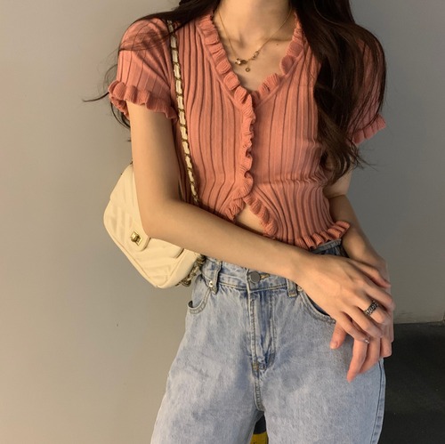 Vネック ショットタイプ 夏新作 スリム 半袖 上着 レディース 韓国ファッション トップス