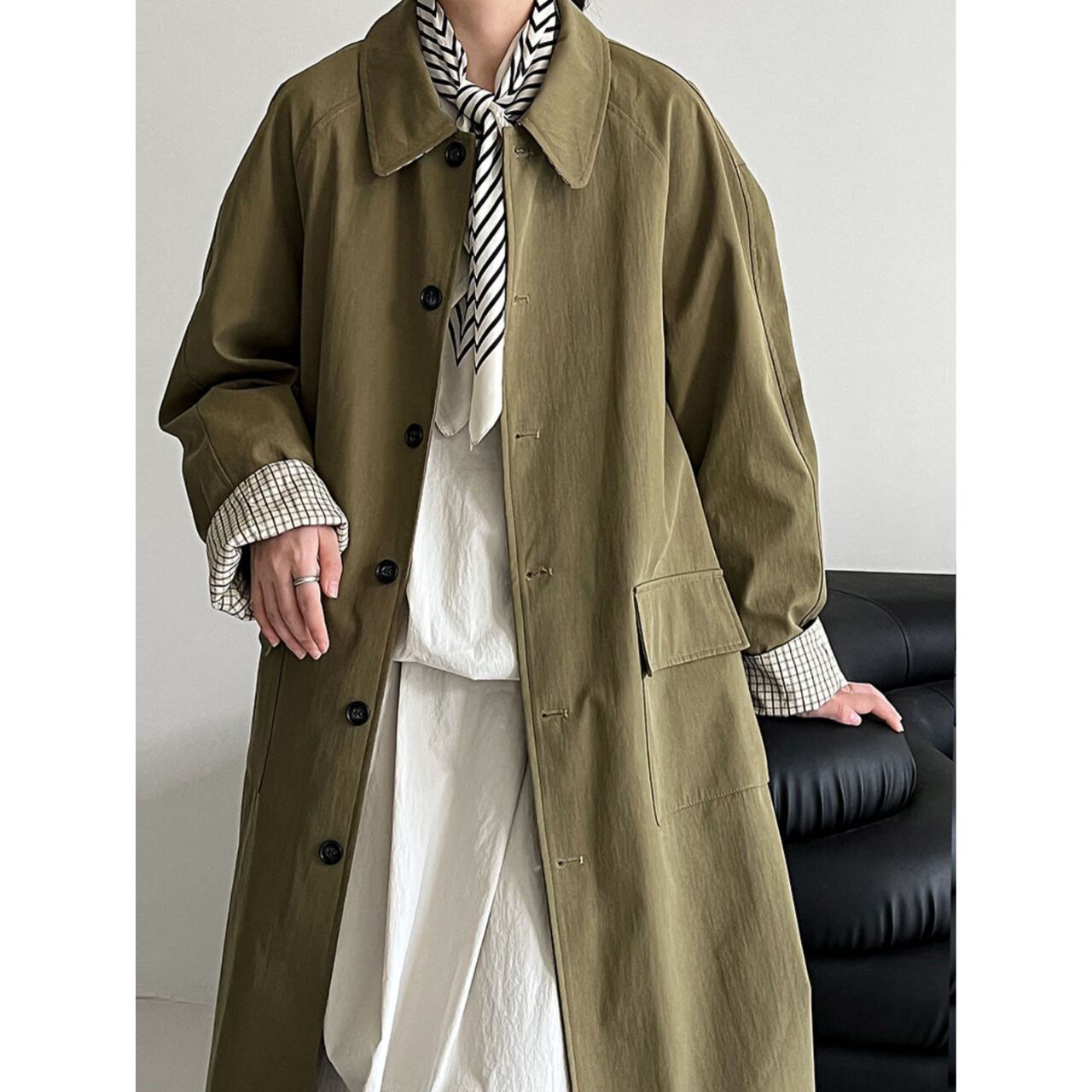 チェック柄カフスロングジャケット a0623