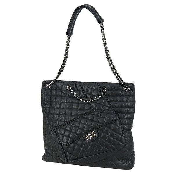 Used CHANEL シャネル チェーントートバッグ 2.55 マトラッセ チョコバー カーフレザー ブラック 肩掛け ショルダーバッグ ハンドバック 超美品