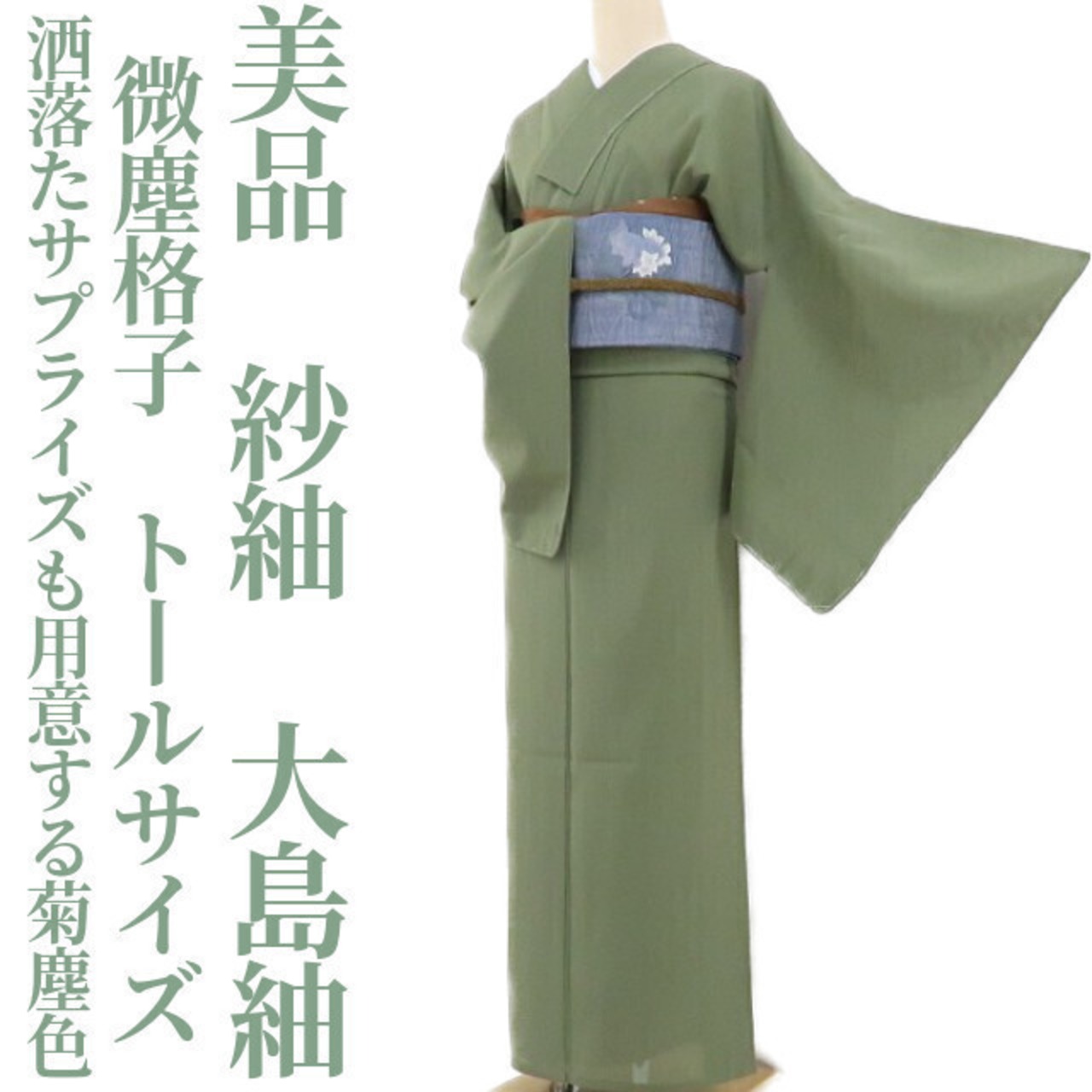 美品 紗紬 微塵格子 夏着物 仕付け糸付 トールサイズ 正絹“夏化粧をし 