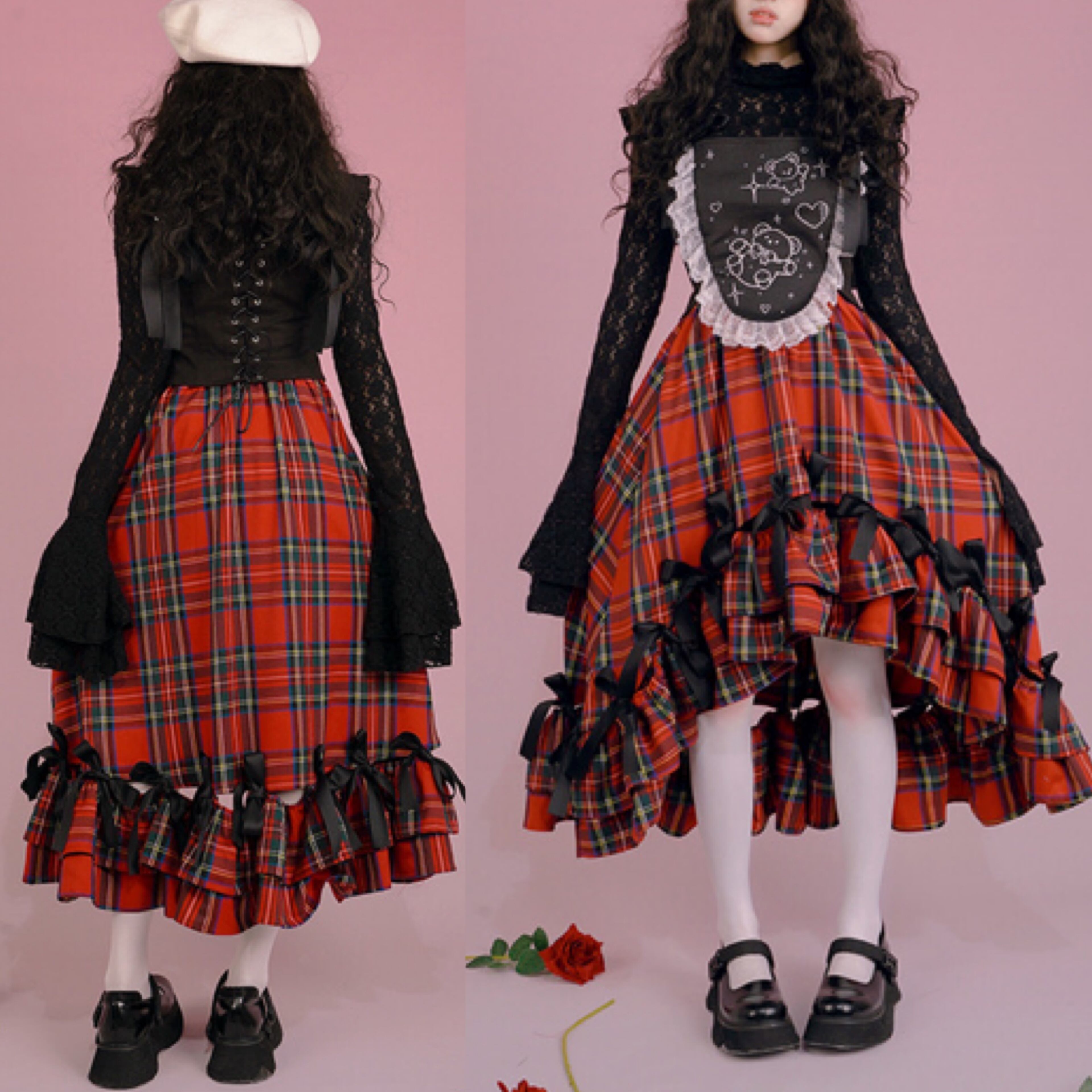 赤 チェック】スカート フリル リボン ガーリー | LOVEYsmileSHOP